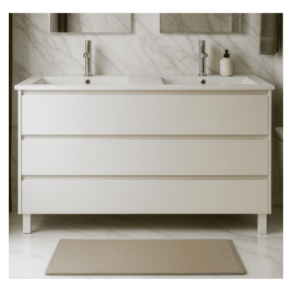 Taiga Móvel 3 gavetas c/pés Branco Torvisco+lavatório branco c/2 pios